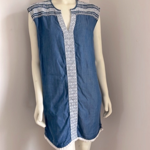 CHELSEA & Theodore Chambray Soft Denim Embroidered Tunic Shift Tensel Dress L - Picture 1 of 12